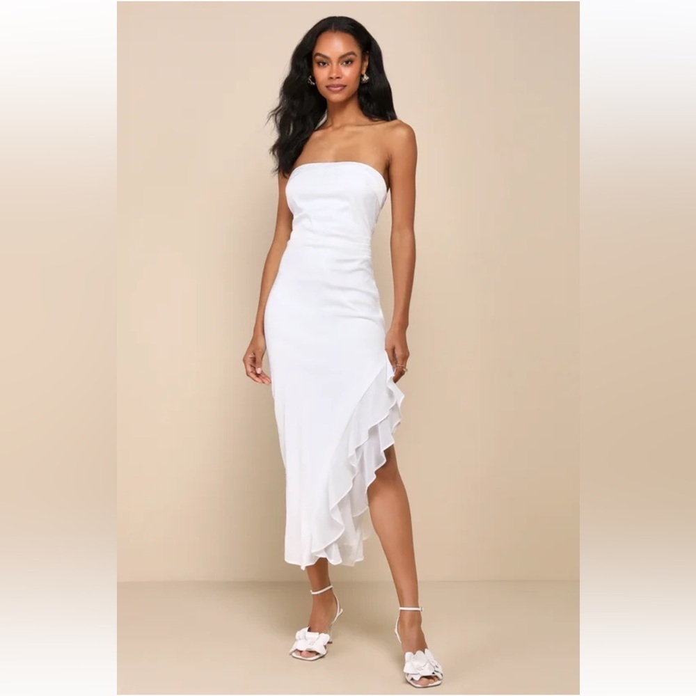 Lulus Graceful Perfection White Satin Ruffled Strapless Midi Dress Size XXL